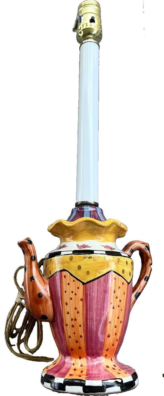 Whimsical Teapot Table Lamp Hand Painted Floral Rose 23" Mackenzie Childs style